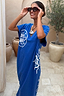 Thumbnail for Blue cotton Dolce Vita T-Shirt Dress with white Greek sun motifs, styled for a relaxed vacation look.