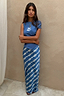 Thumbnail for Blue Marina Dorris Skirt in bright blue satin with a hand-painted fish print for feel good dressing.