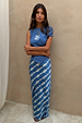 Blue Marina Dorris Skirt in bright blue satin with a hand-painted fish print for feel good dressing.