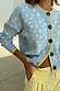 Blue Fawn Cheryl Cardigan in pale blue knit with a cream deer print and contrast yellow ribbed trims.