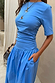 Cornflower Blue Grace Midaxi Dress with a ruched waist, jersey tee top and cotton skirt featuring side pockets.