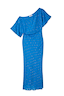 Blue Jacquard Tilly Dress in muted blue with sparkling gold dots, featuring an effortless off-the-shoulder silhouette.