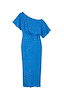 Thumbnail for Blue Jacquard Tilly Dress featuring an off-the-shoulder neckline and gold metallic dots on a muted blue fabric.