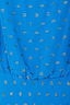 Blue Jacquard Tilly Dress detail featuring gold metallic dots and a gathered elasticated waist seam.