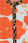 Blue Poppy Cardigan detail with bold orange poppies on pale blue knit and iconic leopard print collar and button stand.