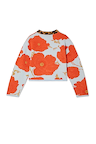 Blue Poppy Cardigan in pale blue knit with a large orange poppy print and contrast leopard print collar.