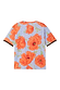 Blue Poppy Jersey Pyjama top featuring large orange poppies and leopard print trim on a blue animal print base.