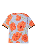 Blue Poppy Jersey Pyjama top featuring large orange poppies and leopard print trim on a blue animal print base.