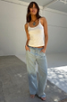 Scallop Detail Straight Leg Jeans in blue denim paired with a white vest top.