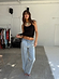 Blue Scallop Detail Straight Leg Jeans in soft denim, styled with a black top and gold sun necklace.
