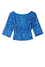 Blue Sequin Tilly Top featuring wide half-length sleeves and a gathered waist with shimmering all-over sequins.