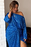 Blue Sequin Tilly Top styled off the shoulder with a matching skirt, showcasing inclusive curve fashion.