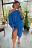 Thumbnail for Blue Sequin Tilly Top styled off the shoulder in a mirror selfie, paired with a matching sequin wrap skirt.