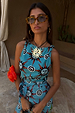 Blue Sun Tank Top in soft jersey with sun motifs and twisted strap, designed in London for a feel-good vacation co-ord.