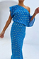 Blue Jacquard Tilly Dress with gold metallic dots, featuring an off-the-shoulder neckline and elasticated waist.
