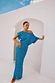 Thumbnail for Blue Jacquard Tilly Dress with gold metallic dots and an off-the-shoulder silhouette, posed against a white arch.