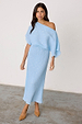 Ice Blue Plisse Tilly Dress with silver metallic flecks and a voluminous off-the-shoulder top.