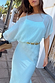 Blue Chiffon Tilly Dress with an off the shoulder silhouette and satin skirt, styled with a gold chain belt.