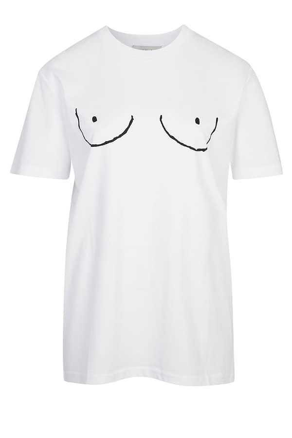 Iconic white Boob T-shirt featuring a black line-art illustration on a 100% cotton base.