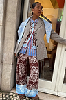 Chocolate Bandana Wide Leg Trousers in a brown knit with a blue hem, styled as a London look co-ord.