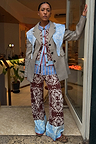 Chocolate Bandana Wide Leg Trousers in brown knit with a contrast blue hem, styled as a layered co-ord look.
