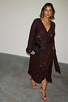 Chocolate Sequin Vienna Dress with a wrap silhouette and long sleeves, highlighting inclusive sizing.