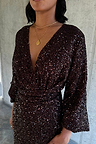 Chocolate Sequin Vienna Dress with a deep V-neckline and wrap waist, covered in shimmering brown sequins.