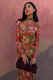 Olive Buckles Mesh Dress featuring western horseshoe motifs and long sleeves, styled with a neck scarf and clutch.