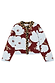 Burgundy and blue poppy print cardigan with leopard print trims and a boxy knit fit on a white background.