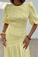 Butter Yellow Shirred Nara Dress featuring elastic shirring on the bodice and puff sleeve detail.