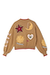 Thumbnail for Back of Camel Mystical Cardigan featuring sun and moon embroidery and red tipped ribbed trims.