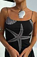 Black Seashell Mesh Cami Dress featuring grey starfish and shell prints on black mesh fabric with thin straps.