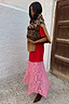 Thumbnail for Red and Pink Cara T-Shirt Dress with a cotton jersey top and pink lace skirt insert, styled with leopard print.