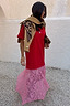 Red and Pink Cara T-Shirt Dress with a pink lace skirt, styled with a leopard print clutch and camel knit.