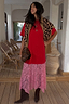 Red and Pink Cara T-Shirt Dress with a cotton top and pink lace skirt, styled with leopard print layering.