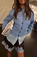 Thumbnail for Ice Blue Studded Cardigan with silver buttons, styled with a light blue shirt and lace-trim shorts.