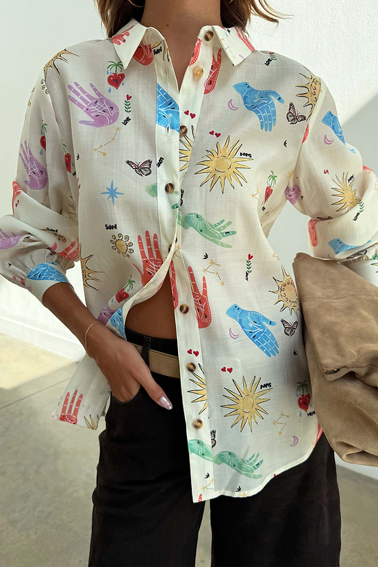Celestial Marley Shirt in cream with colourful palm, heart and sun motifs in a sheer, oversized silhouette.