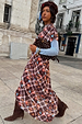 Chocolate brown Check Floral Lottie Skirt co-ord with floral motifs, styled with a beret and suede boots.