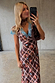 Check Floral Dress in chocolate brown with check and floral prints, featuring contrast blue lace trim on the neckline.