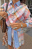 Thumbnail for Pastel check shirt featuring a detachable blue striped pussy bow tied at the waist for a multi-wear London look.