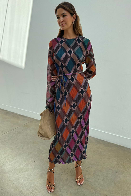 Check Soho Dress in an autumnal multi-coloured plisse check print with long sleeves and a tie-waist.