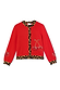 Red Cherry Holly Cardigan in a knit fabric featuring cherry motifs and leopard print trim along the neckline and hem.