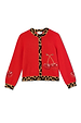 Red Cherry Holly Cardigan in a knit fabric featuring cherry motifs and leopard print trim along the neckline and hem.