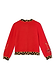 Red Cherry Holly Cardigan featuring leopard print trims and cherry sleeve motifs, shown from the back.