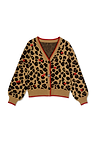 Cherry Leopard Cardigan in an iconic leopard print with red cherry motifs, V-neckline, and contrast red trims.