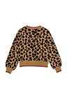 Cherry Leopard Cardigan in iconic leopard print knit with red cherry motifs and contrast red trims, back view.