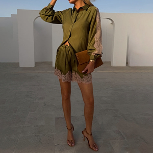 Olive & Pink Lace Shorts in khaki satin with pink lace trim, styled as a co-ord with a matching shirt.