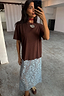 Chocolate Cara T Shirt Dress with a brown cotton top and attached light blue floral lace midaxi skirt.
