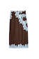 Chocolate Lily Midi Skirt in brown satin featuring intricate blue lace trim along the front and hem.