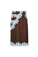 Chocolate Lily midi skirt in brown satin with light blue lace detailing across the front and at the hem.